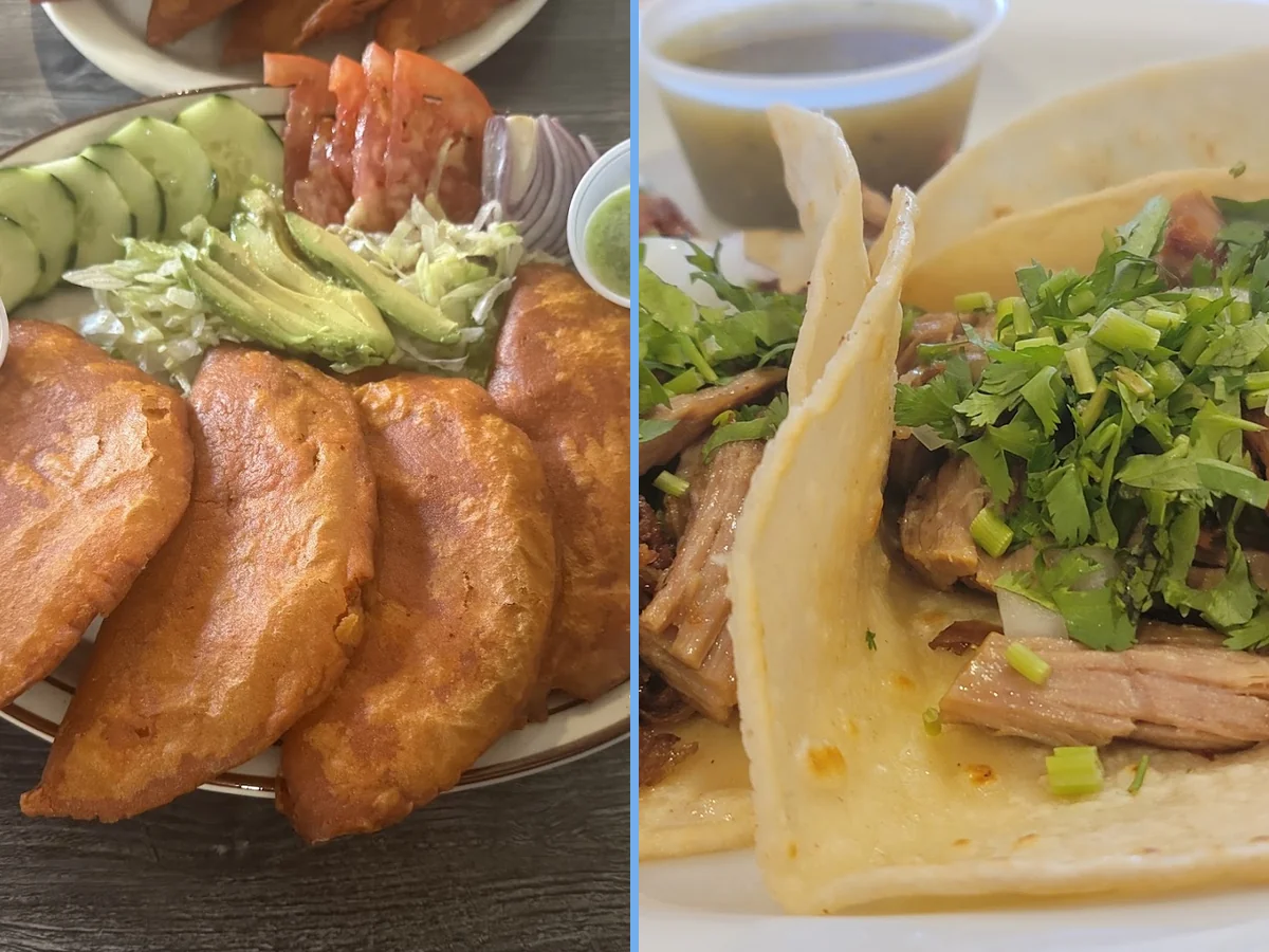 Colorful Mexican plates on a casual restaurant table.