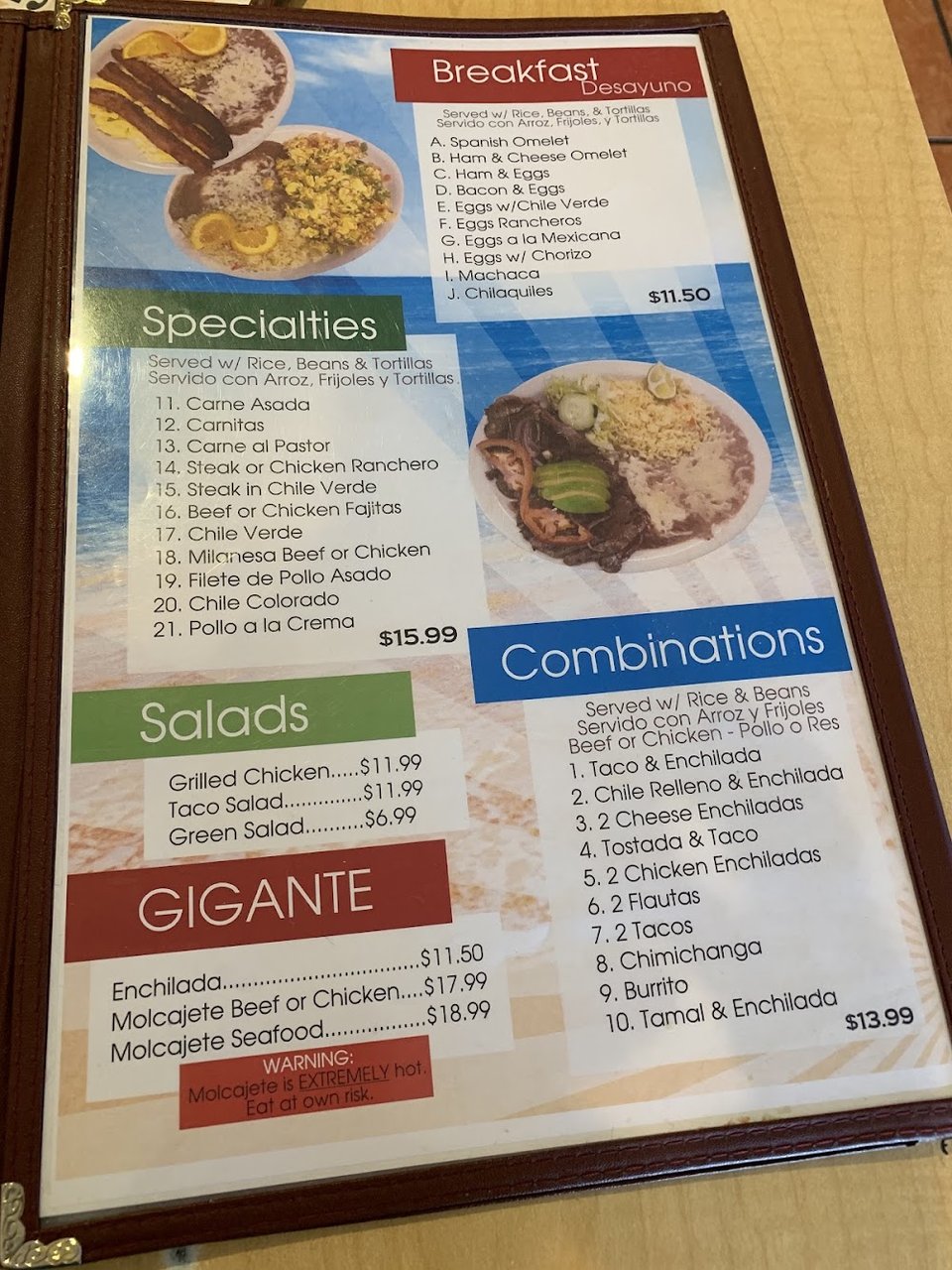 Menu page with specialties and caldos sections.