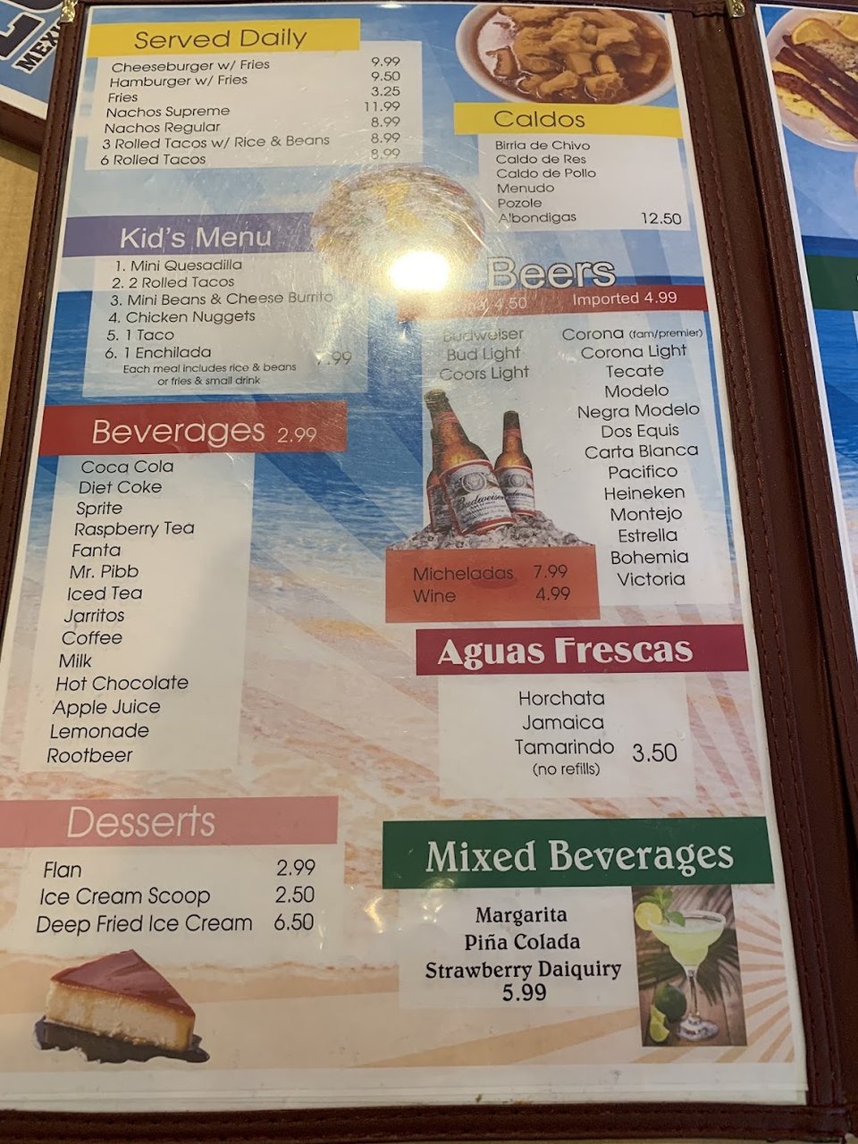 Quesadillas and hearty plates listed on the menu.