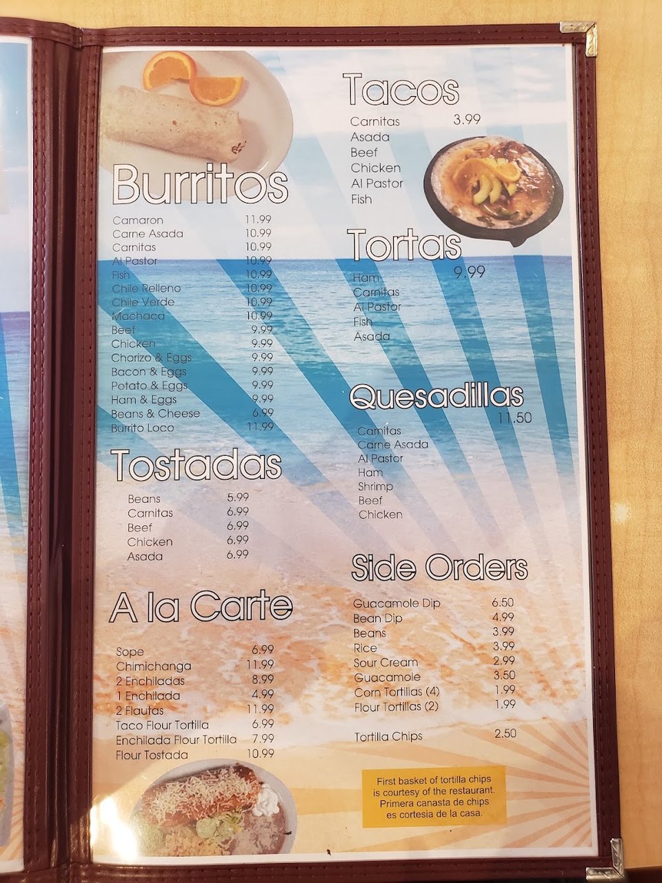 Printed menu featuring carne asada and caldo de pollo.
